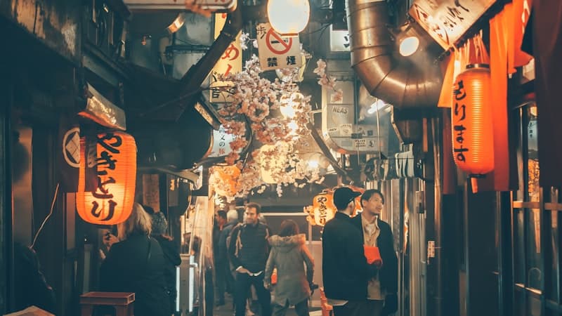 提灯が並ぶ居酒屋横丁の夜景