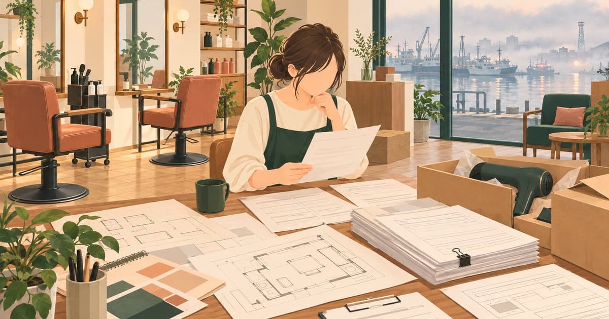 港町の明るい美容室で、シャンプー台と鏡、開設の書類を確認する美容師を描いた美容室開業のイラスト