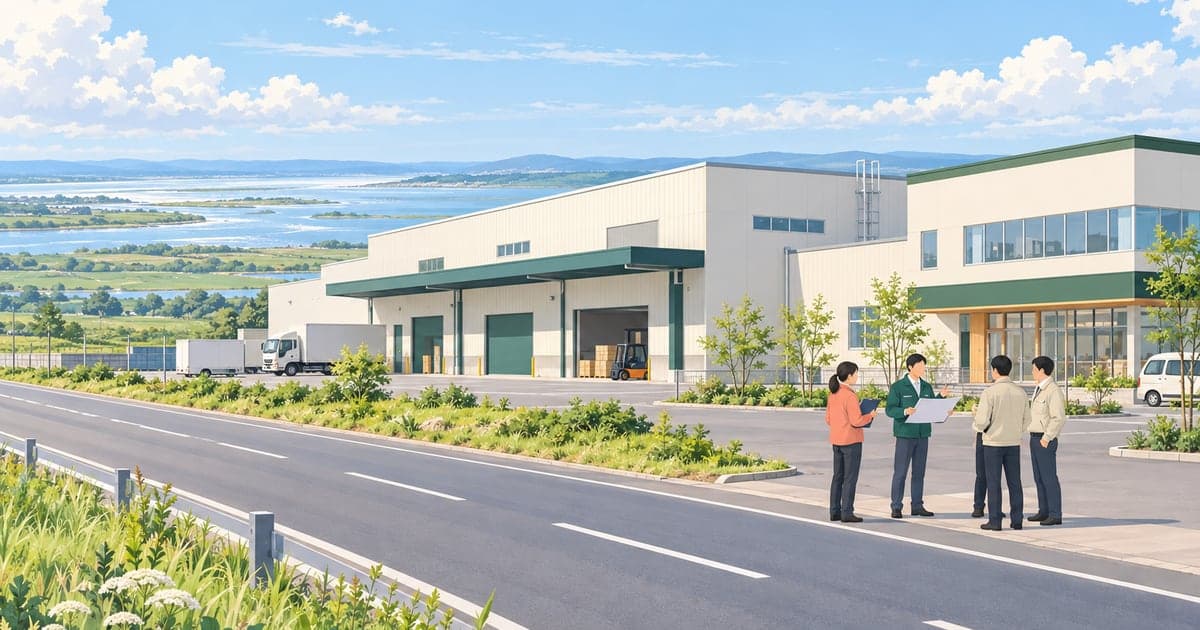 釧路町の国道沿いに建つ新しい工場と事業所、打ち合わせをする事業者を描いたイラスト(釧路町への企業進出)