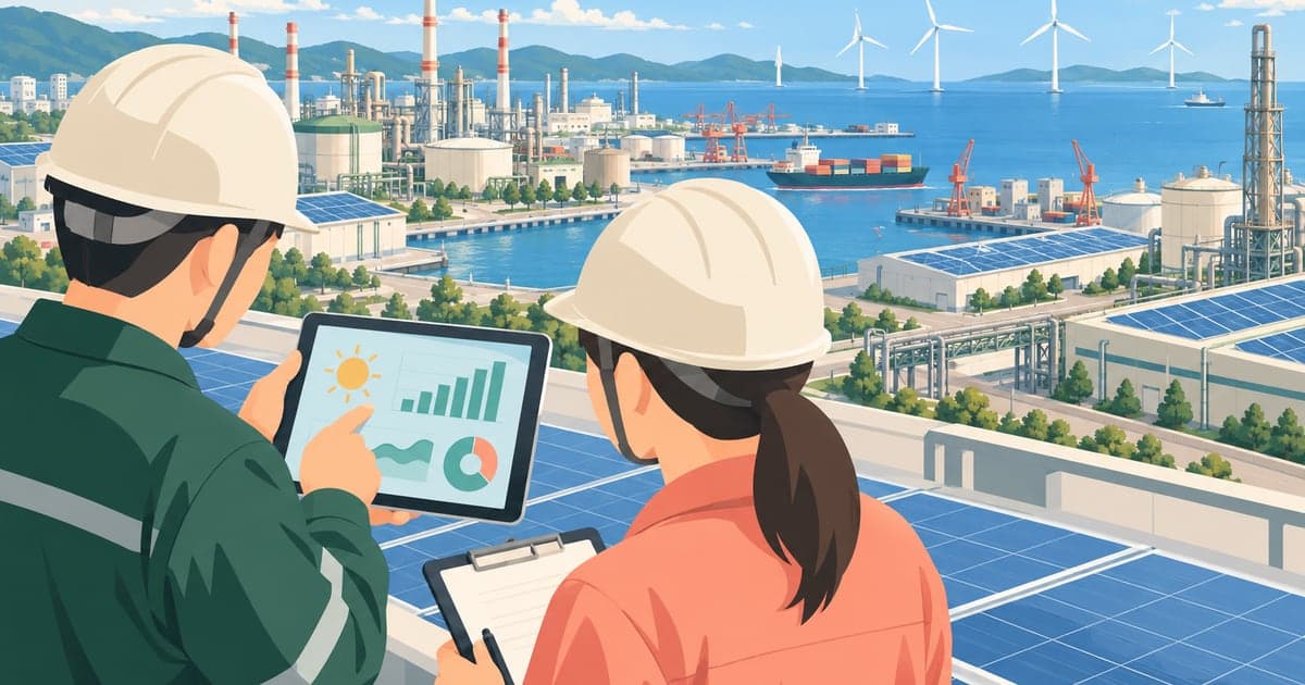 太陽光パネルを点検する作業員と釧路の工場地帯を描いた脱炭素経営イラスト