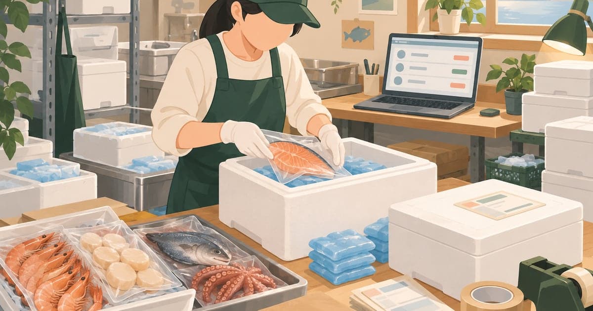 海産物をネットショップ用に梱包する個人事業主のEC・ネットショップ開業イラスト
