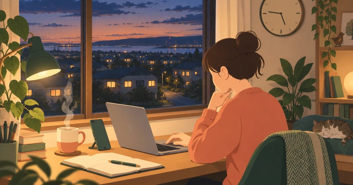 自宅で副業に取り組む人物と釧路の夕暮れの街並みを描いた副業ワークイラスト