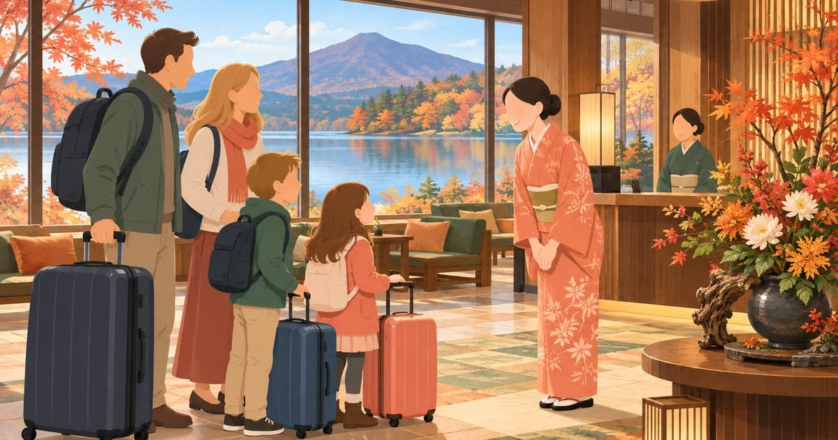 阿寒湖畔の旅館で外国人観光客を出迎える従業員の様子を描いた宿泊業経営イラスト