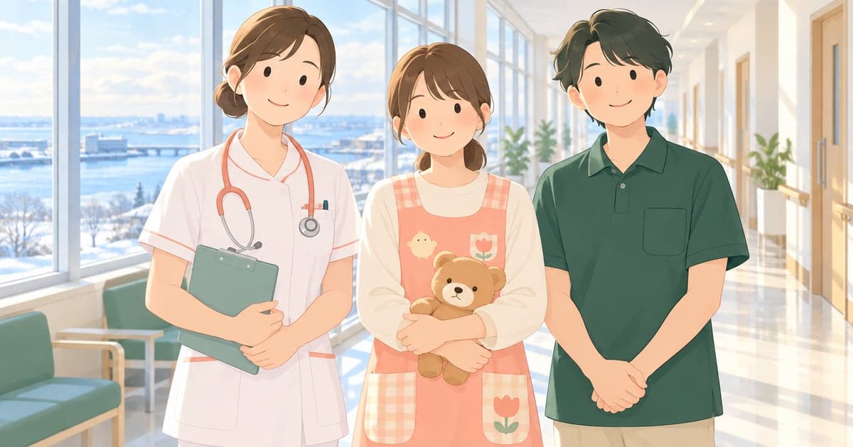 病院の廊下で看護師・保育士・介護職員が並んで微笑む様子を描いたイラスト(釧路の医療・福祉・保育職の就職支援)