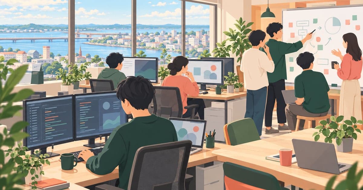 釧路のIT企業でコードを書くエンジニアたちの様子を描いた地方IT産業イラスト集