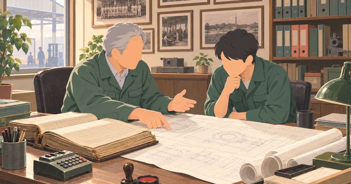 老舗工場で経営者が若い後継者に引き継ぎを行う事業承継とM&Aのイラスト