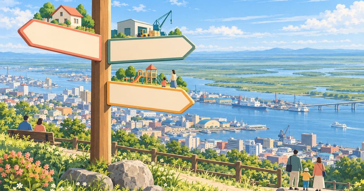 釧路の街並みを見渡す高台で、住まい・仕事・子育ての施策を示す道しるべを描いたイラスト(釧路市・釧路町の人口減少対策)