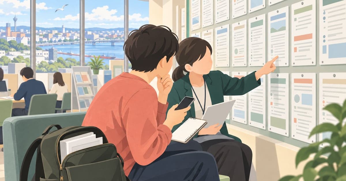ハローワークの掲示板で求人を見比べる移住検討者の仕事探しFAQイラスト