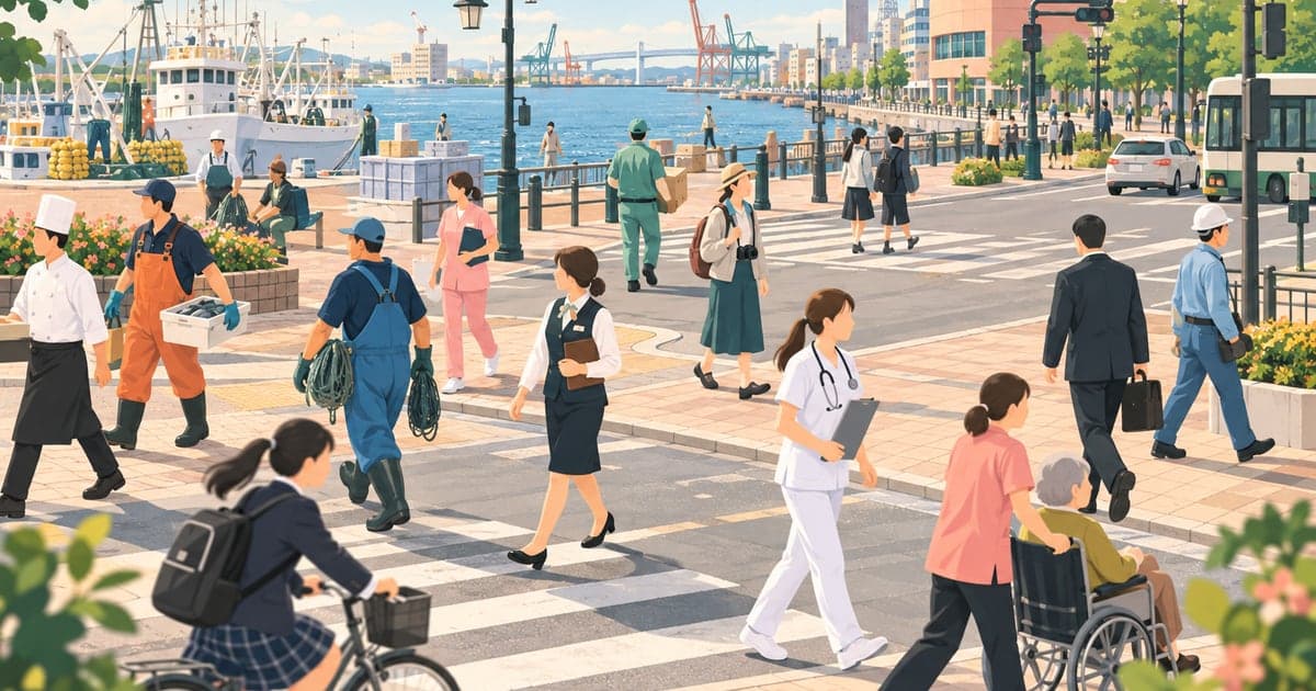 医療・観光・漁業など多様な職種の働く人々が集まる釧路求人市場のイラスト