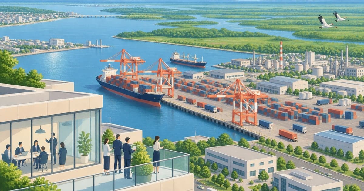釧路港の埠頭と工業団地、貨物船と空港へ向かう飛行機を俯瞰したイラスト(釧路の企業立地データルーム)