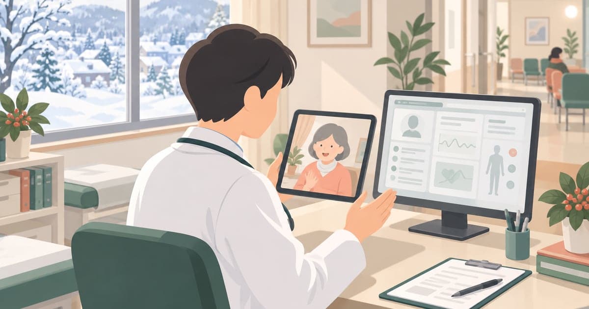 遠隔診療に取り組む医師と雪景色の病院の様子を描いた地域医療福祉イラスト