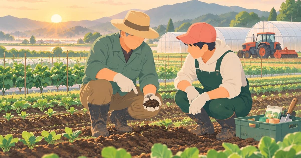 新規就農者が農地でベテラン農家に指導を受ける釧路の就農支援イラスト
