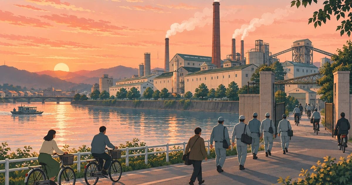 川沿いの製紙工場と夕暮れに歩く従業員たちを描いた釧路の製紙産業イラスト