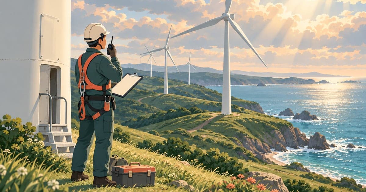 海沿いの風力発電施設を点検する技術者の様子を描いた再生可能エネルギーイラスト