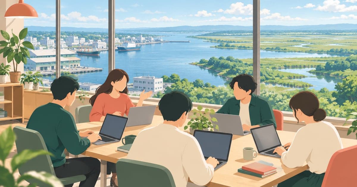 釧路の港と湿原を望むオフィスで、ノートパソコンに向かって開発作業をするチームを描いたイラスト(釧路市のサテライトオフィス・IT企業進出)