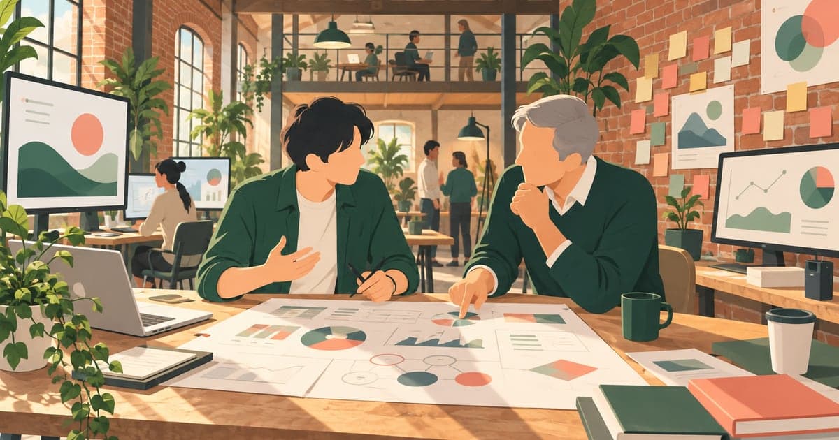 リノベーション施設で事業計画を話し合う起業家の様子を描いた創業支援イラスト