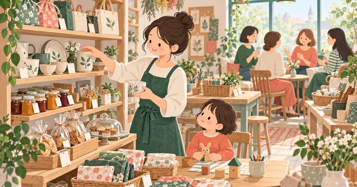 子育てをしながら工房で商品を並べる女性起業家の創業支援コミュニティイラスト
