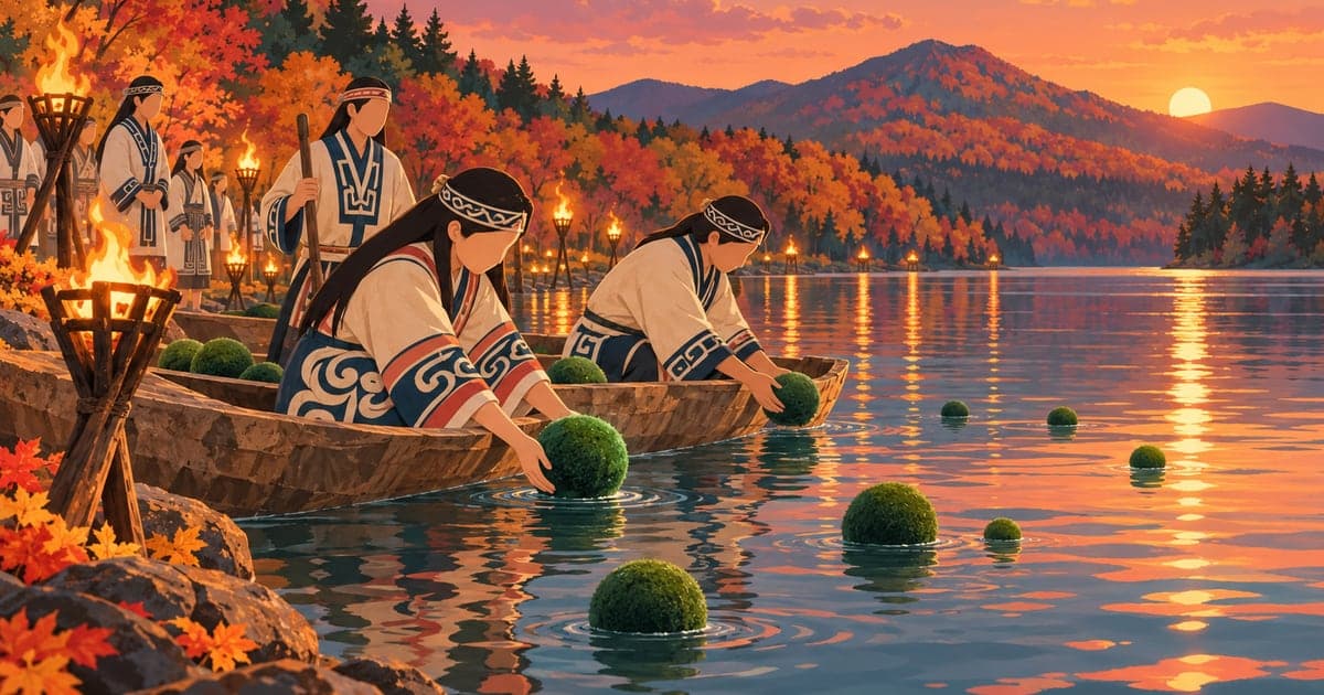紅葉した秋の阿寒湖で、丸木舟に乗った人々が緑色のまりもを湖へ還す儀式と湖岸に並ぶ松明の灯りを描いたイラスト