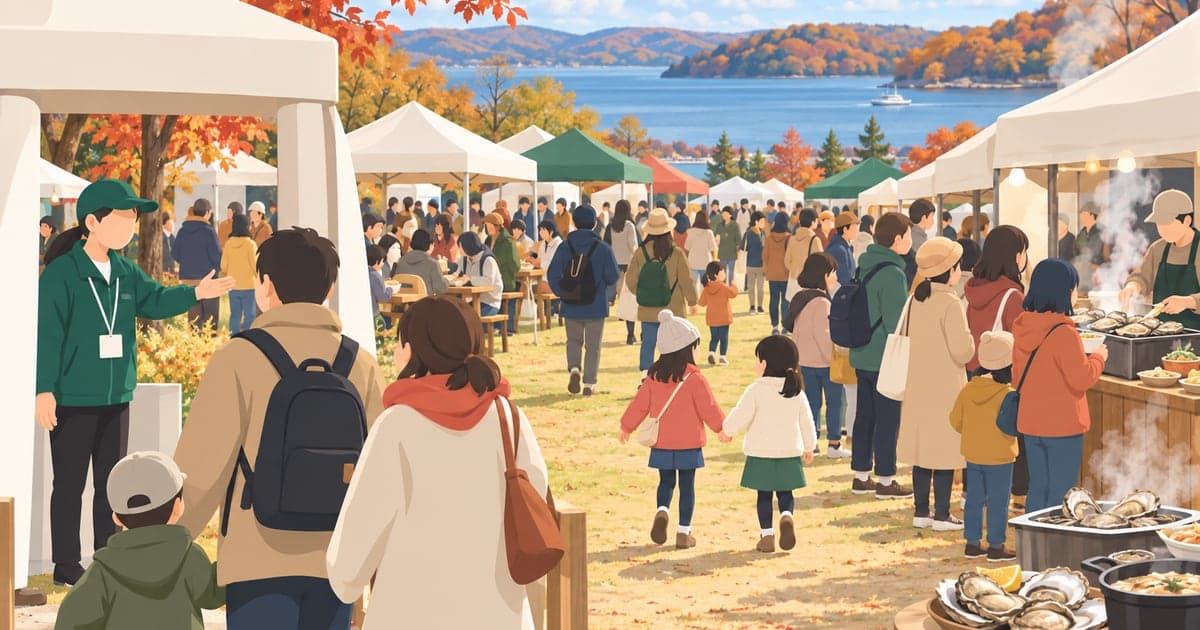 あっけし牡蠣まつり会場の賑わい、テントが立ち並ぶ会場の様子を描いた秋のイベントイラスト