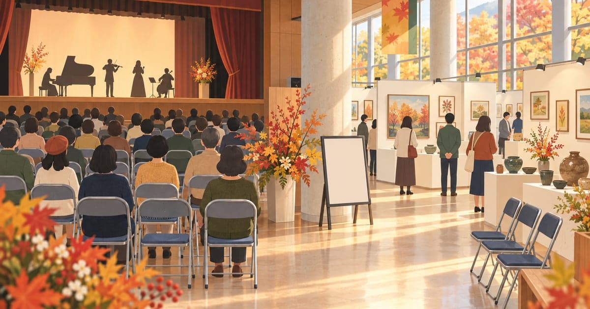 釧路市芸術祭の舞台発表と作品展示、文化祭らしい落ち着いた雰囲気を描いた秋のイラスト