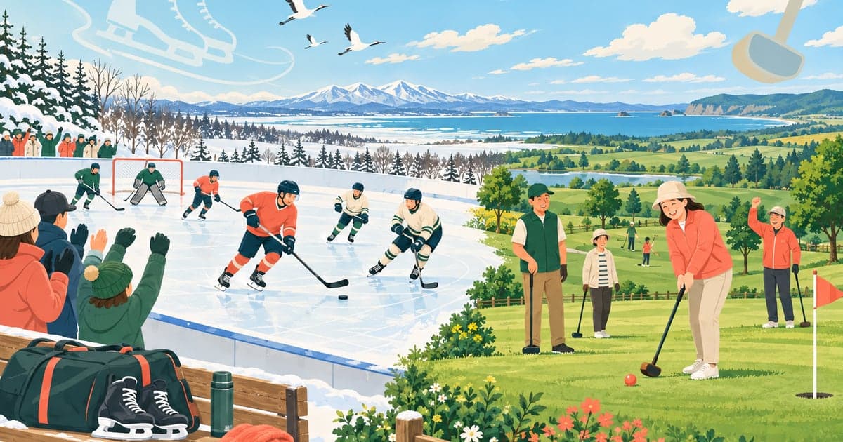 釧路の市民スポーツ、アイスホッケーとパークゴルフ、通年で親しまれる様子のイラスト