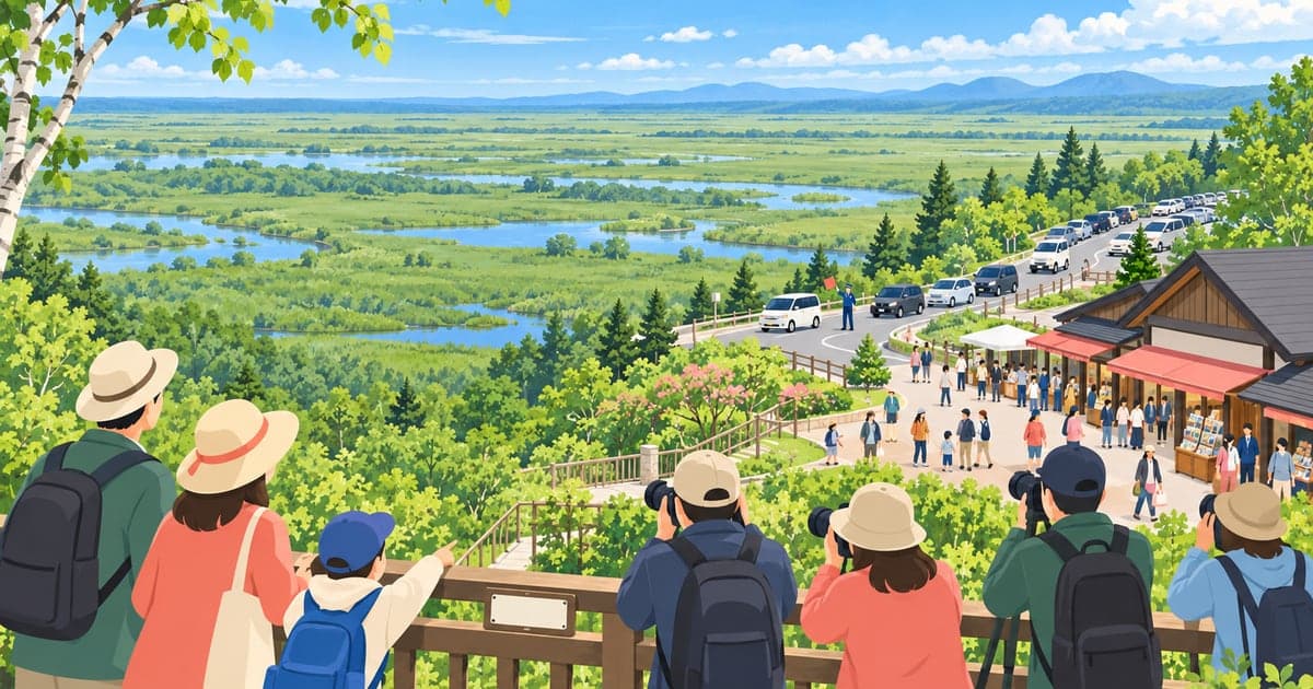 釧路ゴールデンウィークの観光地の賑わい、駐車場に列をなす車も描いた5月のイラスト