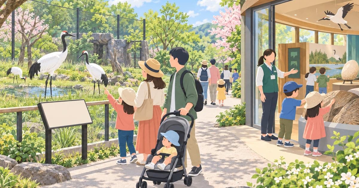 釧路GWに家族で楽しむ動物園と遊学館、柵越しにタンチョウを見つめる親子連れのイラスト