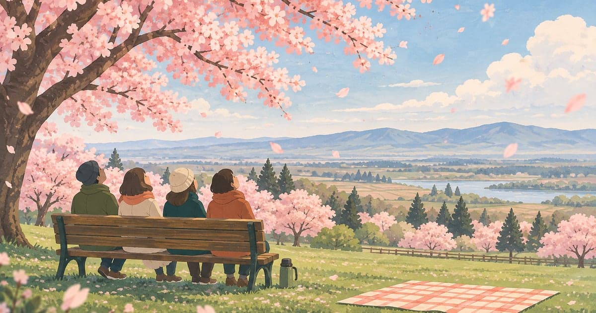 釧路の遅咲き桜が咲く花見スポット、桜吹雪が舞う公園の様子を描いた5月の情景イラスト