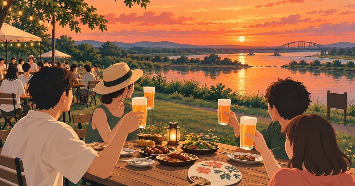 幣舞橋たもとの夏のビアガーデン、川面に映る夕焼け空も添えた賑わう夕暮れの情景イラスト