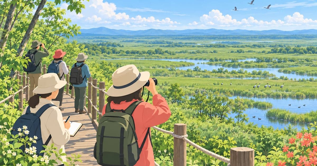 釧路湿原の新緑と初夏の自然観察会、木道を歩く参加者の様子を描いた6月の情景イラスト