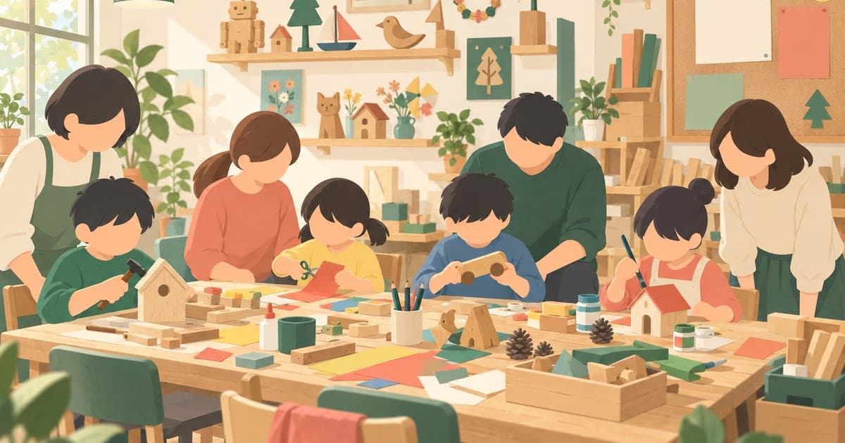 釧路の子ども向けワークショップ、工作教室で作りかけの工作物も並ぶ親子の情景イラスト