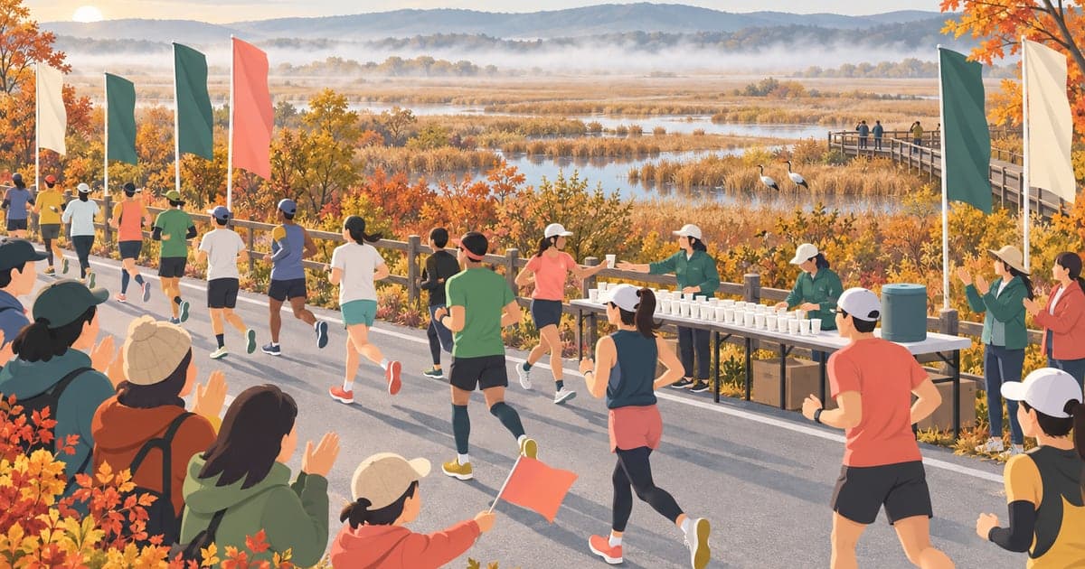 釧路湿原マラソン、木道沿いを走るランナーたちと沿道の応援風景を描いた秋のイラスト