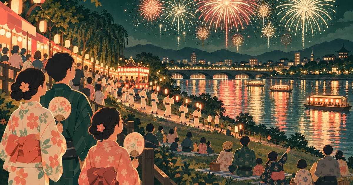 くしろ港まつりの花火とパレード、川面に映る花火の反射も描いた夏の夜の情景イラスト