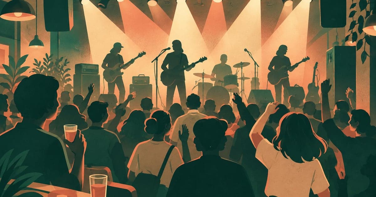 釧路の音楽ライブハウスで演奏を楽しむ、スポットライトが照らすステージの夜のイラスト