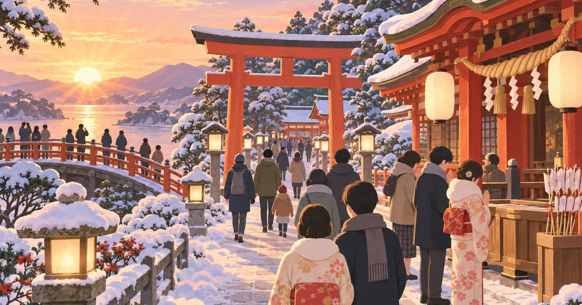 釧路の初日の出と初詣を描いた、雪の積もった境内も添えた年末年始の厳かな情景イラスト
