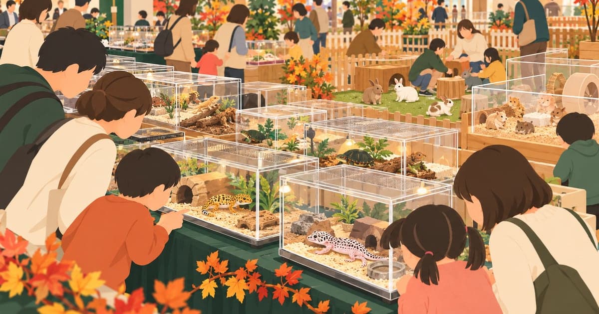 ショッピングセンターの催事スペースで開かれる爬虫類と小動物の展示即売会を親子が覗き込むイラスト
