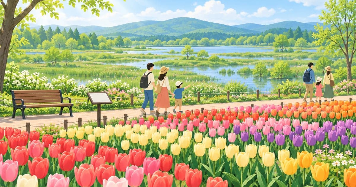釧路のチューリップ畑と新緑を楽しむ春イベント、湿原の新緑も背景に添えた情景イラスト