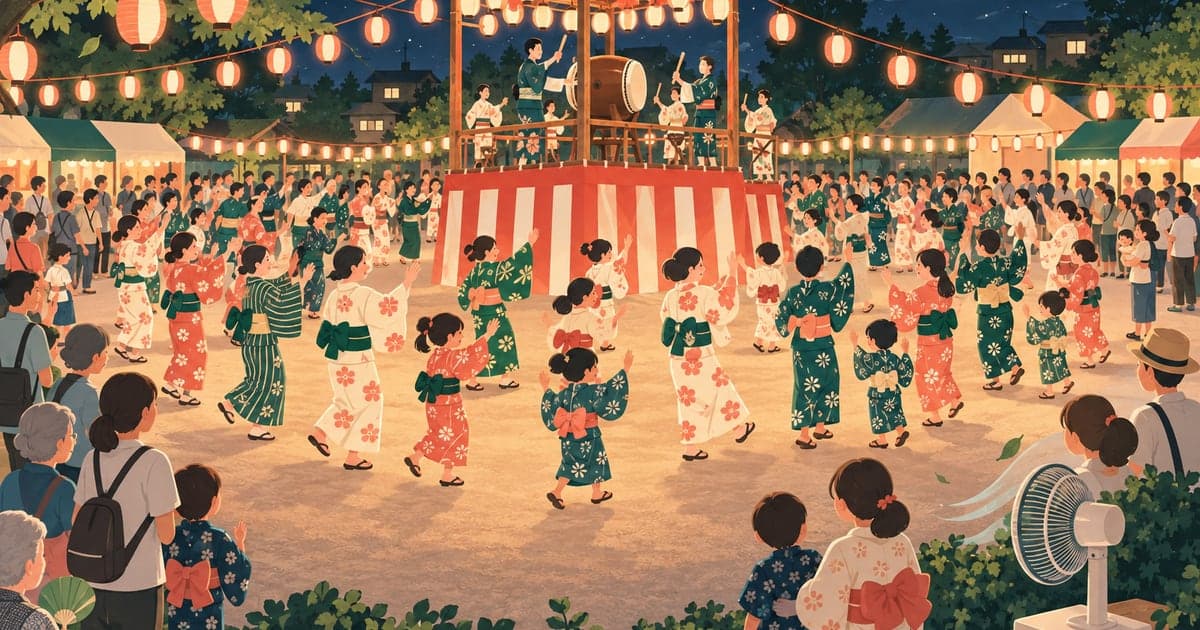 釧路の地域の夏祭りと盆踊り大会、太鼓の音が響く広場の様子を描いた夏の夜のイラスト
