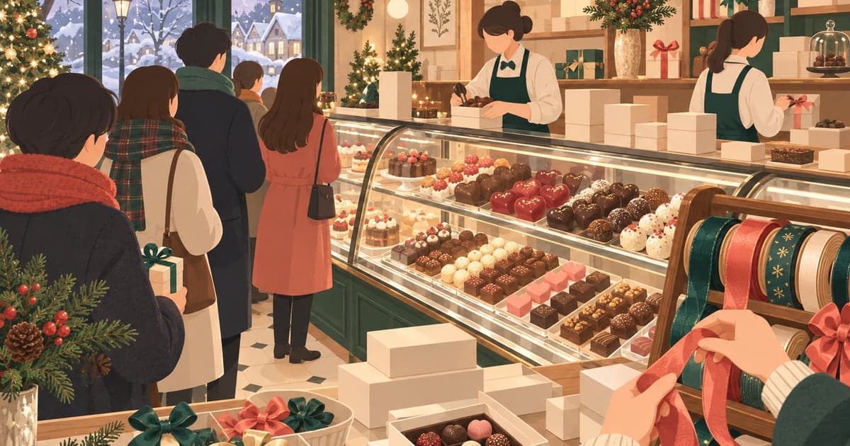 釧路のバレンタイン、チョコレートフェアと雪の積もった窓の外を描いた冬の情景イラスト