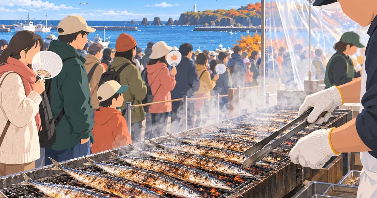 根室さんま祭りで炭火焼きサンマを待つ、列をなして待つ来場者を描いた秋の会場イラスト
