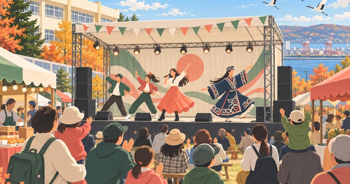 小学校の校庭に設けられたステージで歌とダンス、アイヌ舞踏が披露され、親子連れの観客が楽しむPTA祭りのイラスト