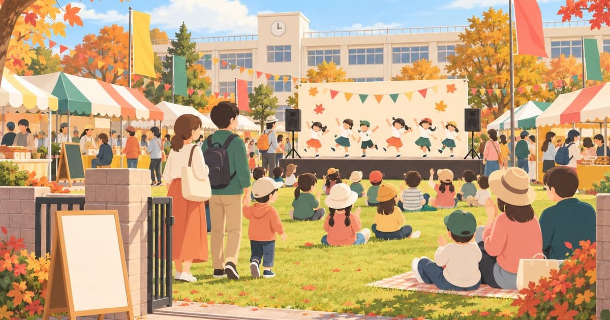 小学校PTA祭りの校庭ステージと屋台、旗やのぼりがはためく校庭の様子を描いたイラスト