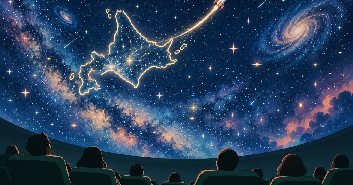 プラネタリウムのドームに映る星空と、北海道の形の上から宇宙へ向かうロケットを描いた、大人のための星空さんぽのイラスト。