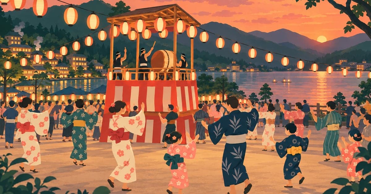湖畔の温泉街で盆踊りの櫓を囲む人々を描いた阿寒ふるさとまつりのイラスト