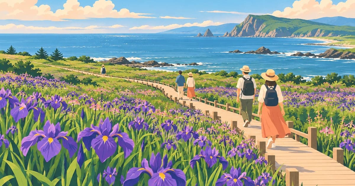 海辺の原生花園に一面に咲く紫のアヤメと木道を歩く人々を描いたあっけしあやめまつりのイラスト
