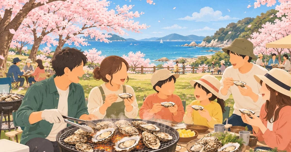 桜の咲く海辺の公園で牡蠣を焼く人々を描いたあっけし桜・牡蠣まつりのイラスト