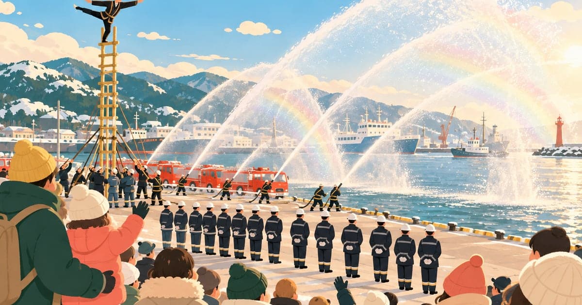 冬の港で消防車が一斉放水しはしご乗りを披露する様子を描いた出初式のイラスト