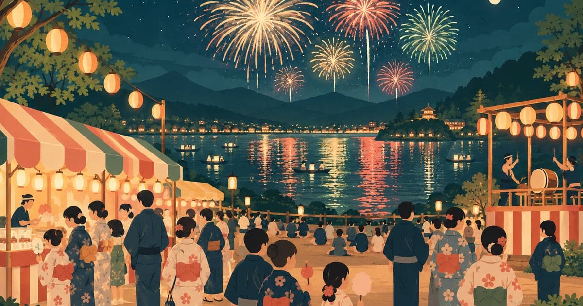 湖畔の夏まつりと湖面に映る花火を描いた春採湖水まつりのイラスト