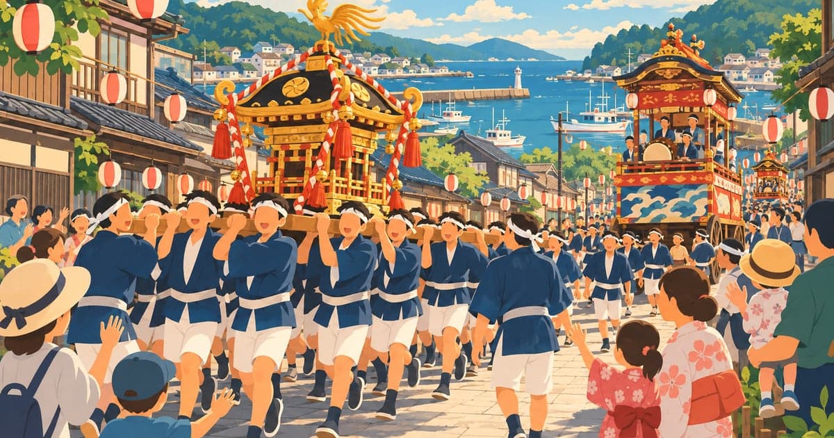 神輿を担ぐ人々と提灯の並ぶ通りを描いた厳島神社例大祭のイラスト
