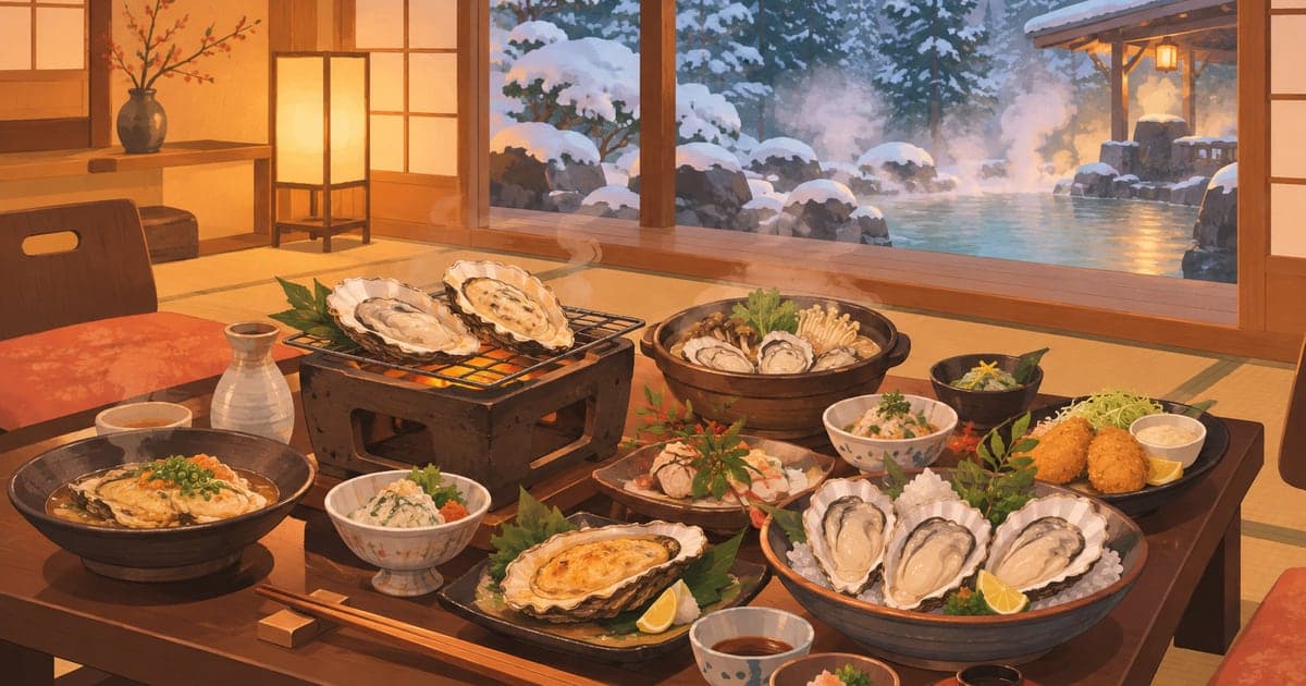 温泉宿の夕食に並ぶ焼き牡蠣と窓の外の雪の森を描いた川湯温泉の牡蠣フェアのイラスト